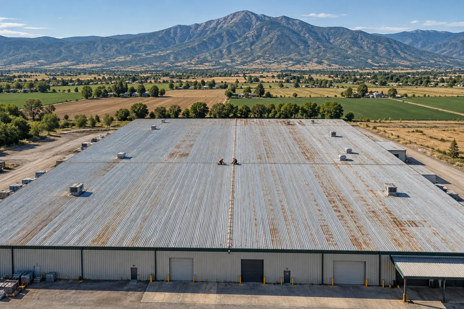Aerial view of a large through-fastened metal warehouse roof with rust streaks along the panel laps