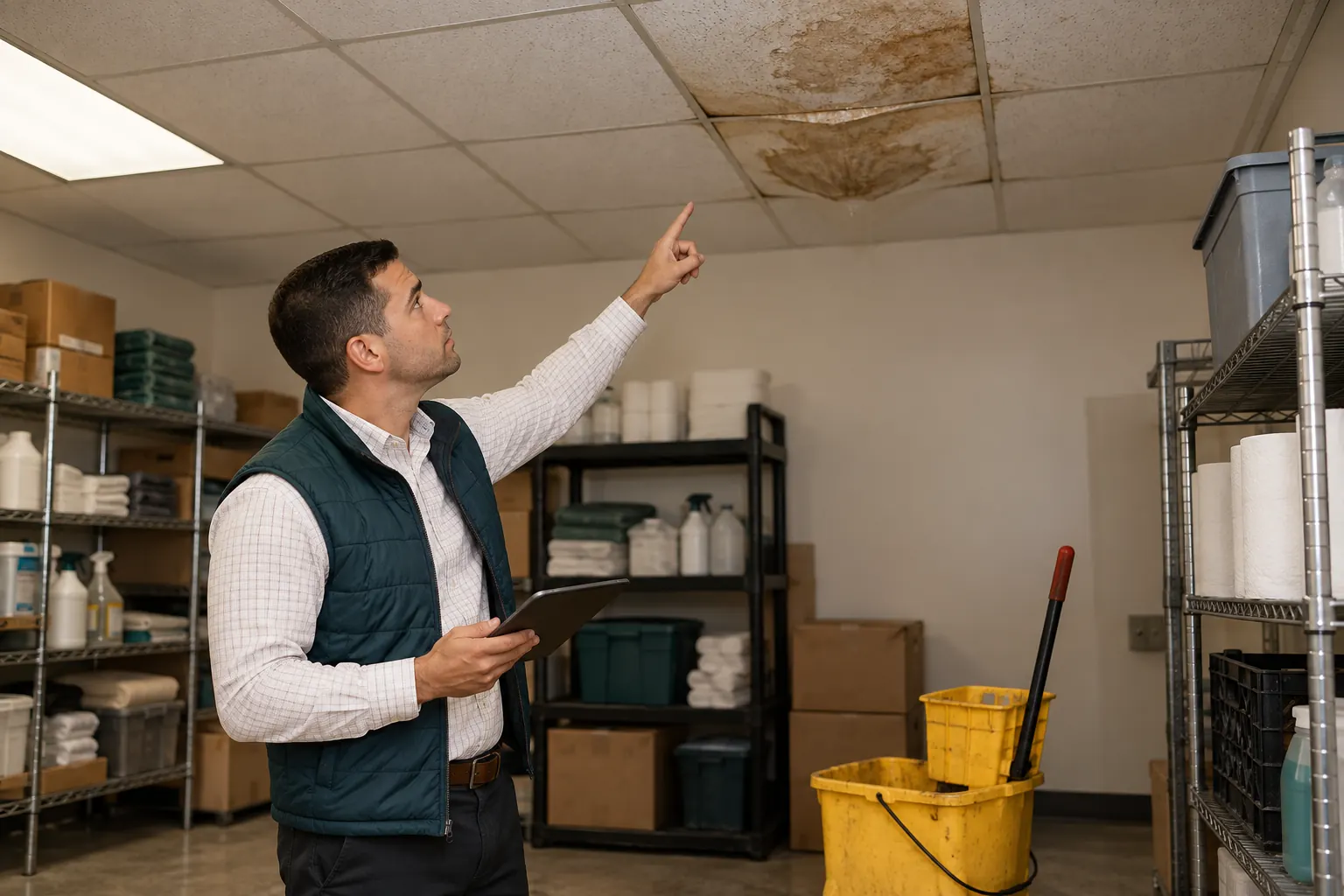 Manager pointing to a water stain on ceiling tiles in a commercial stock room