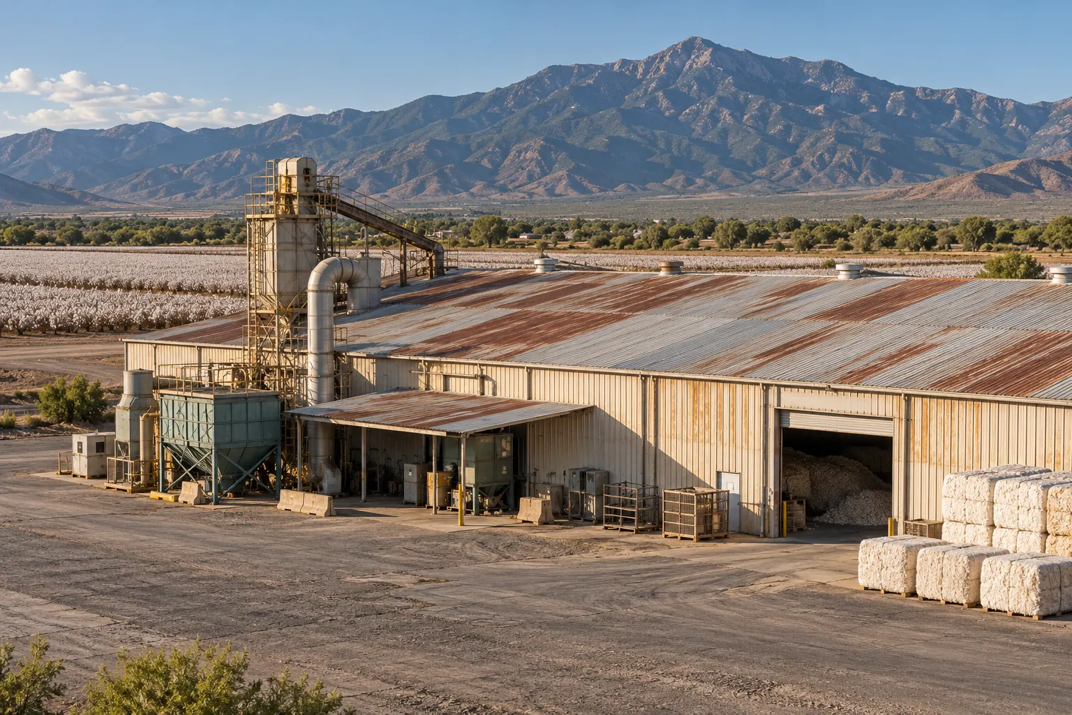 Metal-roofed processing building with cotton bales and a dust collector beside the loading door