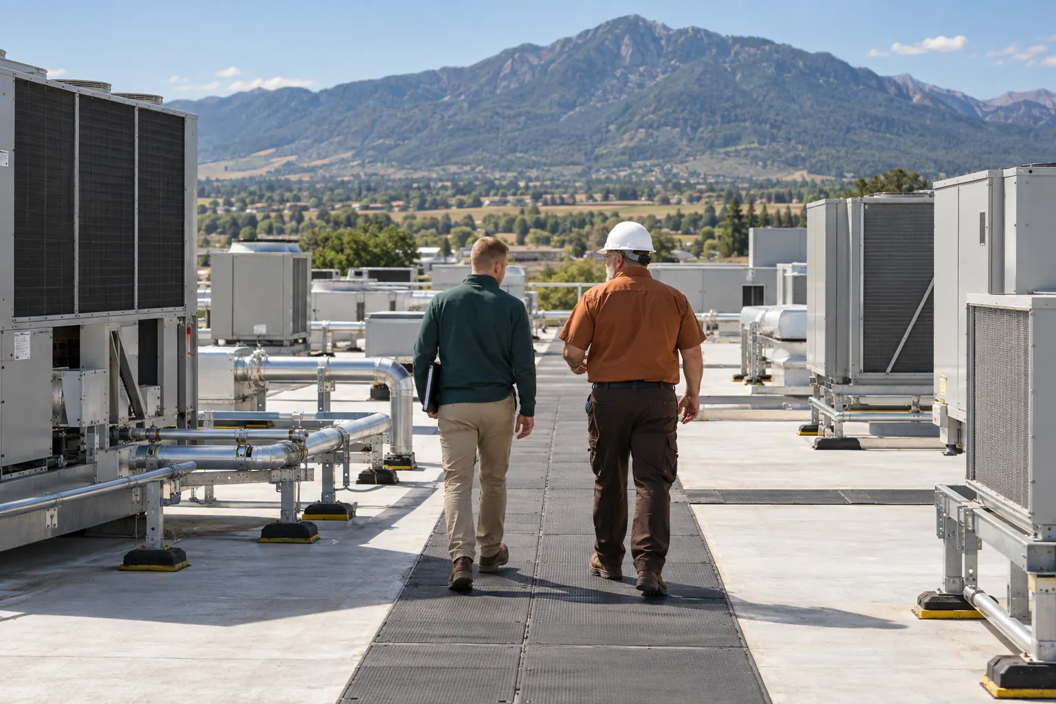 Roofer and plant manager walking a grated walkway between rooftop units on an industrial roof