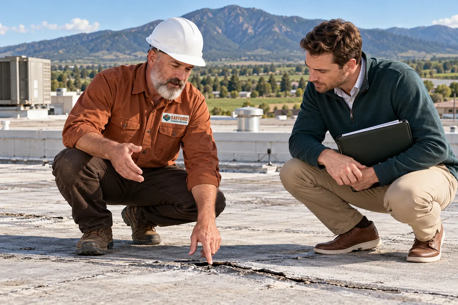 Roofer in a Safford Commercial Roof Repair shirt pointing to a split seam on a flat roof while a facility manager looks on
