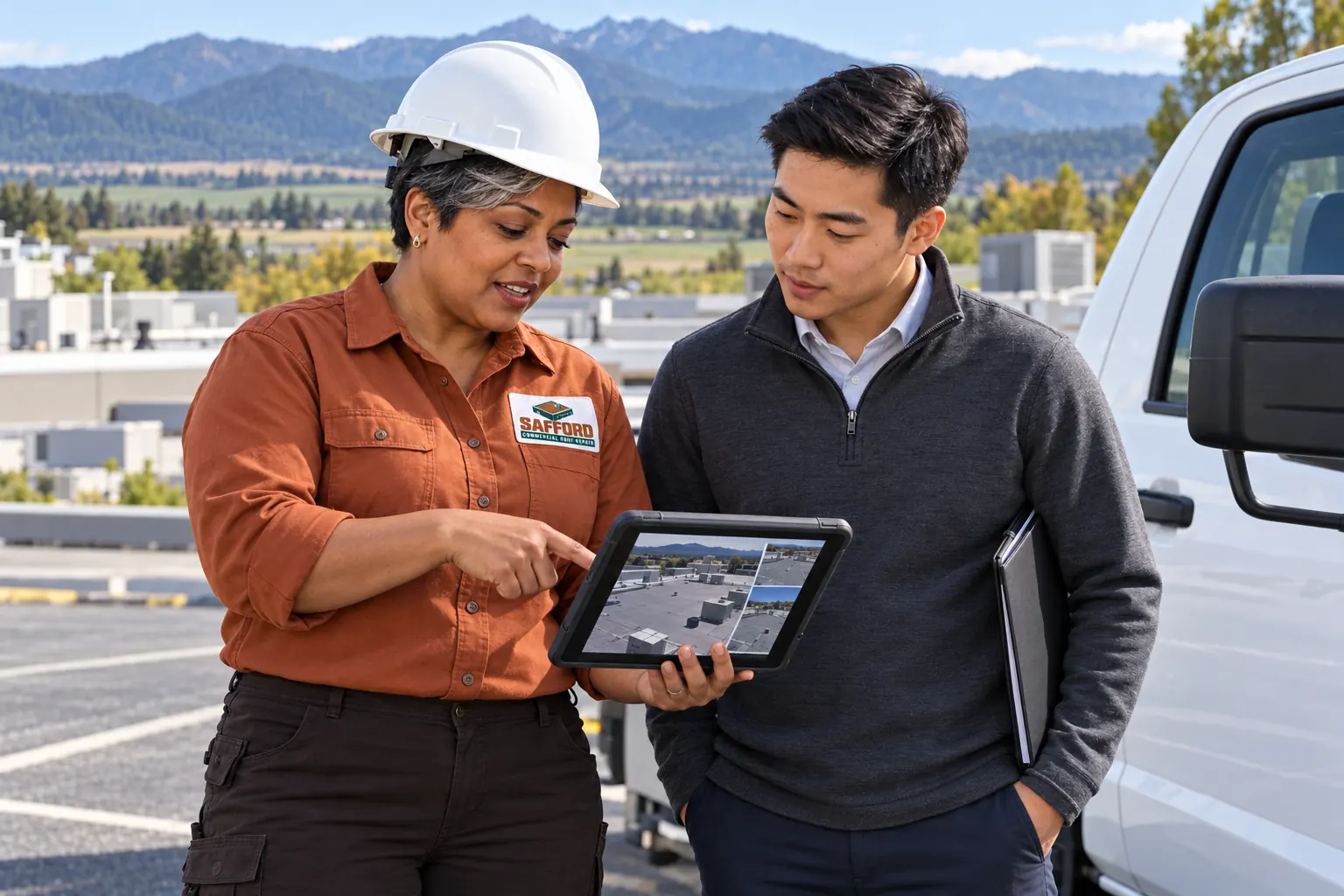 Roofer showing roof photos on a tablet to a property manager beside a work truck