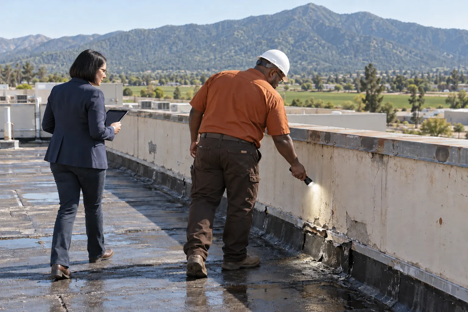 Roofer using a flashlight to trace wet flashing along a parapet base on a commercial roof