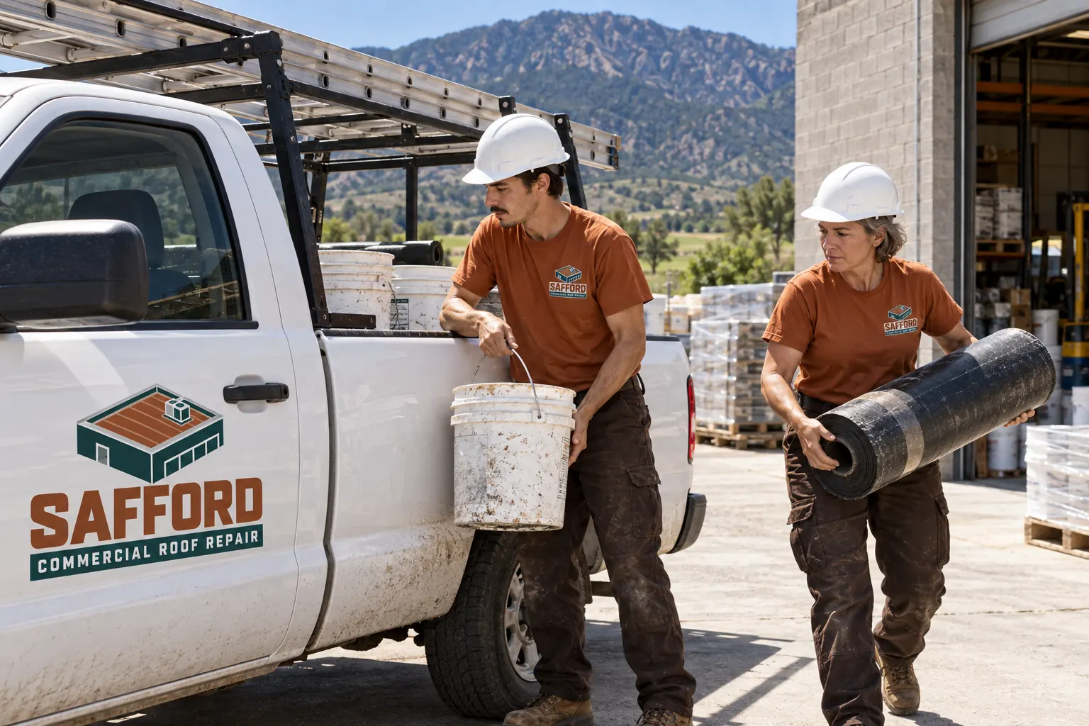 Two roofers unloading a bucket and a membrane roll from a work truck marked Safford Commercial Roof Repair