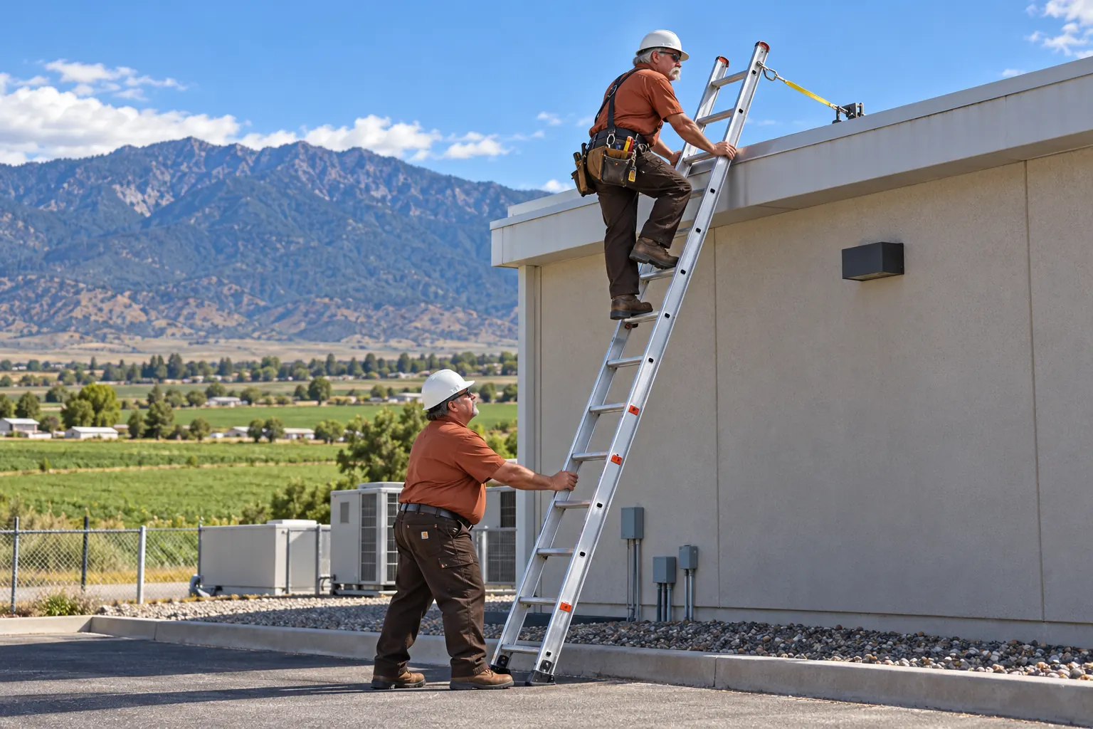 Two roofers setting a tied-off extension ladder against a commercial building wall