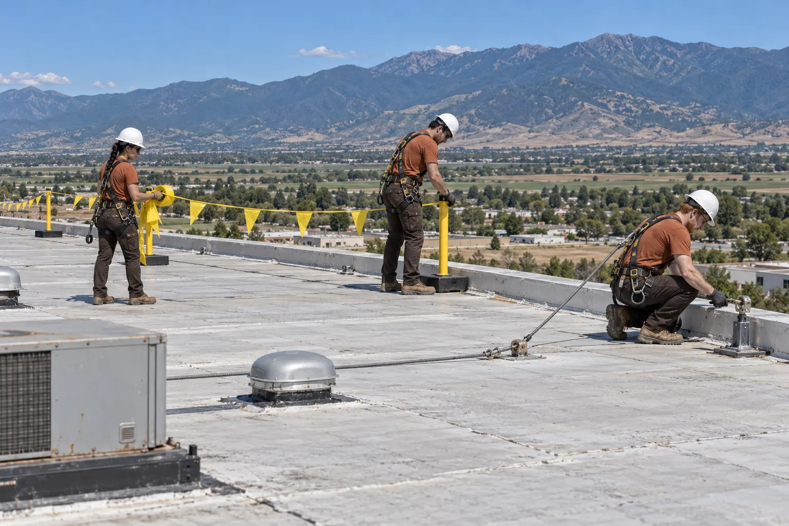 Roofers setting a warning line and a tie-off anchor before starting work on a flat roof