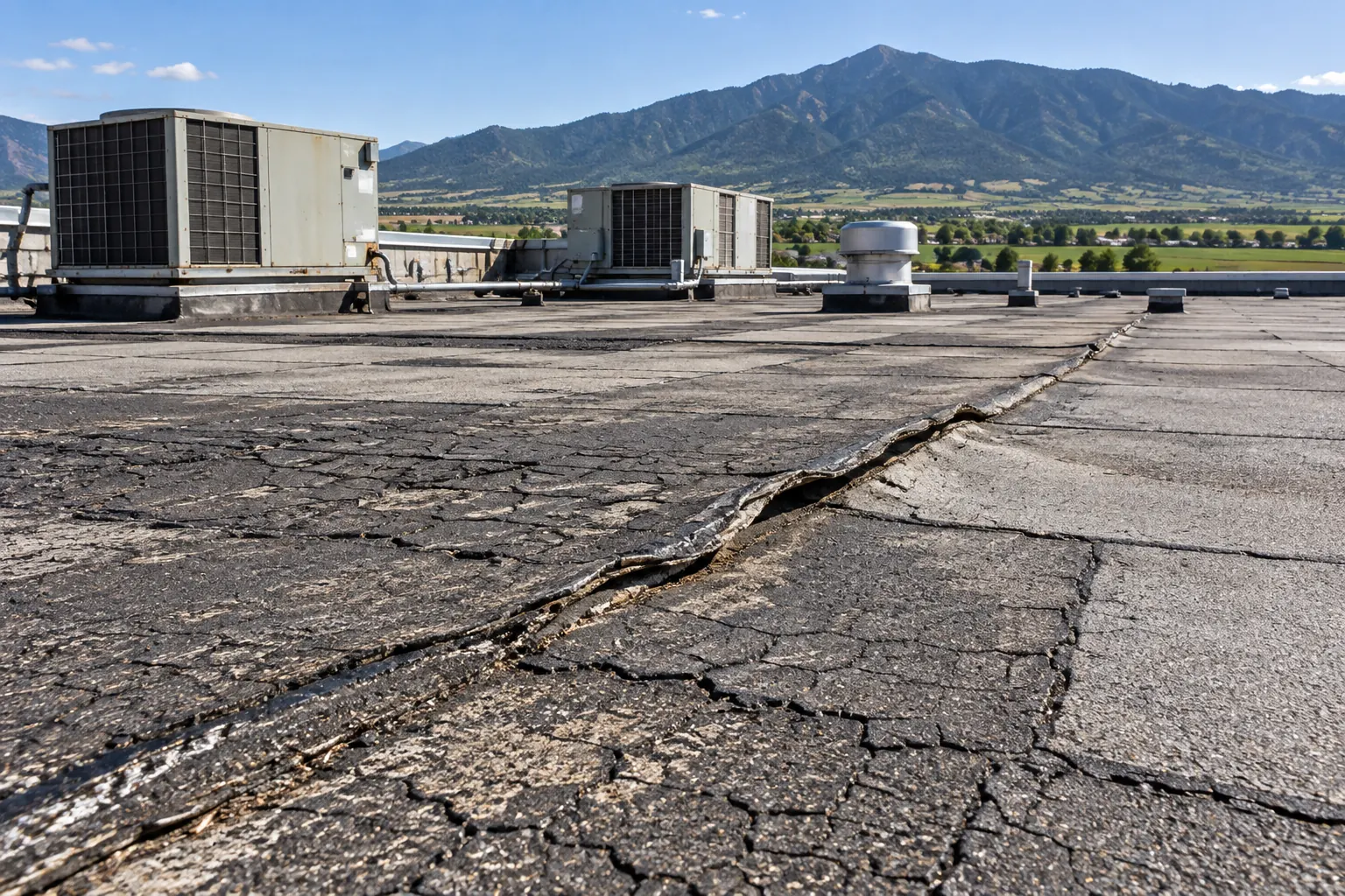 Open seam and alligator cracking on a worn flat roof near rooftop units