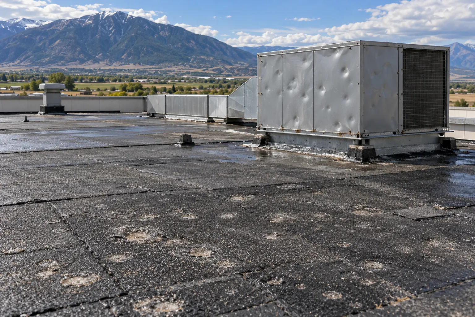 Hail-dented rooftop unit and marked membrane on a flat roof after a storm